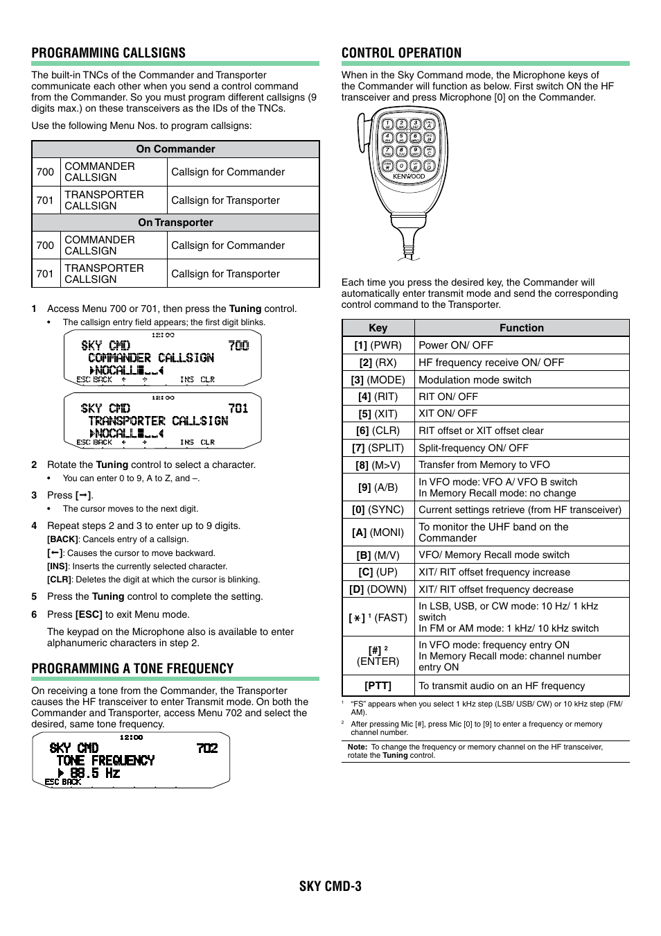 Sky cmd-3 control operation, Programming callsigns, Programming a tone frequency | Kenwood TM-D710GA User Manual | Page 77 / 77