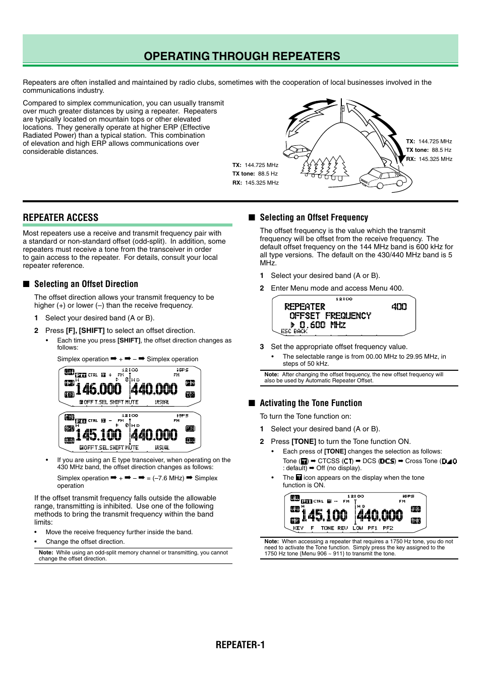 Tm-d710g_01_repeater_en, Operating through repeaters, Repeater-1 repeater access | Selecting an offset direction, Selecting an offset frequency, Activating the tone function | Kenwood TM-D710GA User Manual | Page 8 / 77