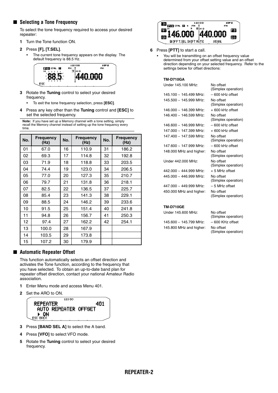 Repeater-2, Selecting a tone frequency, Automatic repeater offset | Kenwood TM-D710GA User Manual | Page 9 / 77