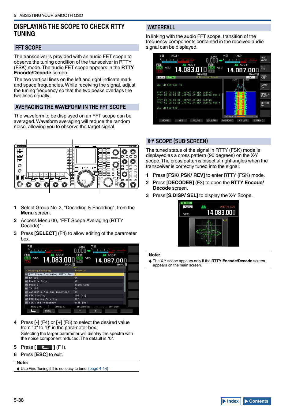 Displaying the scope to check rtty tuning, Fft scope, Averaging the waveform in the fft scope | Waterfall, X-y scope (sub-screen), Displaying the scope to check rtty tuning -38, Fft scope -38, Averaging the waveform in the fft scope -38, Waterfall -38, X-y scope (sub-screen) -38 | Kenwood TS-990S User Manual | Page 116 / 290