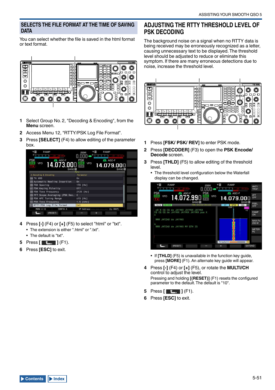 Selects the file format at the time of saving data, Adjusting the rtty threshold level of psk decoding | Kenwood TS-990S User Manual | Page 129 / 290