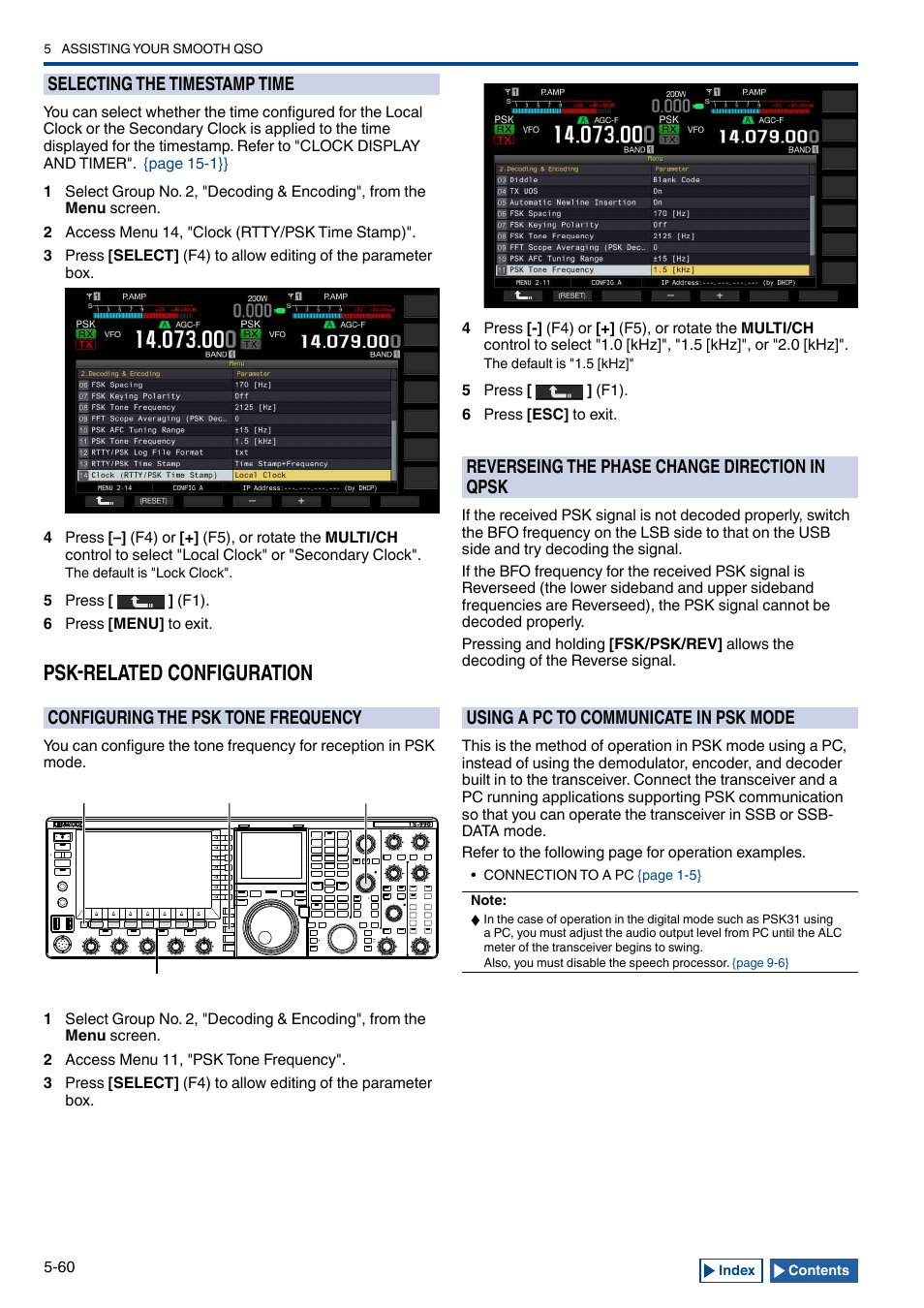 Selecting the timestamp time, Psk-related configuration, Configuring the psk tone frequency | Reverseing the phase change direction in qpsk, Using a pc to communicate in psk mode, Selecting the timestamp time -60, Psk-related configuration -60, Configuring the psk tone frequency -60, Reverseing the phase change direction in qpsk -60, Using a pc to communicate in psk mode -60 | Kenwood TS-990S User Manual | Page 138 / 290