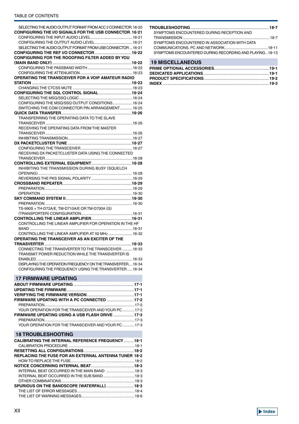 17 firmware updating, 18 troubleshooting, 19 miscellaneous | Kenwood TS-990S User Manual | Page 14 / 290