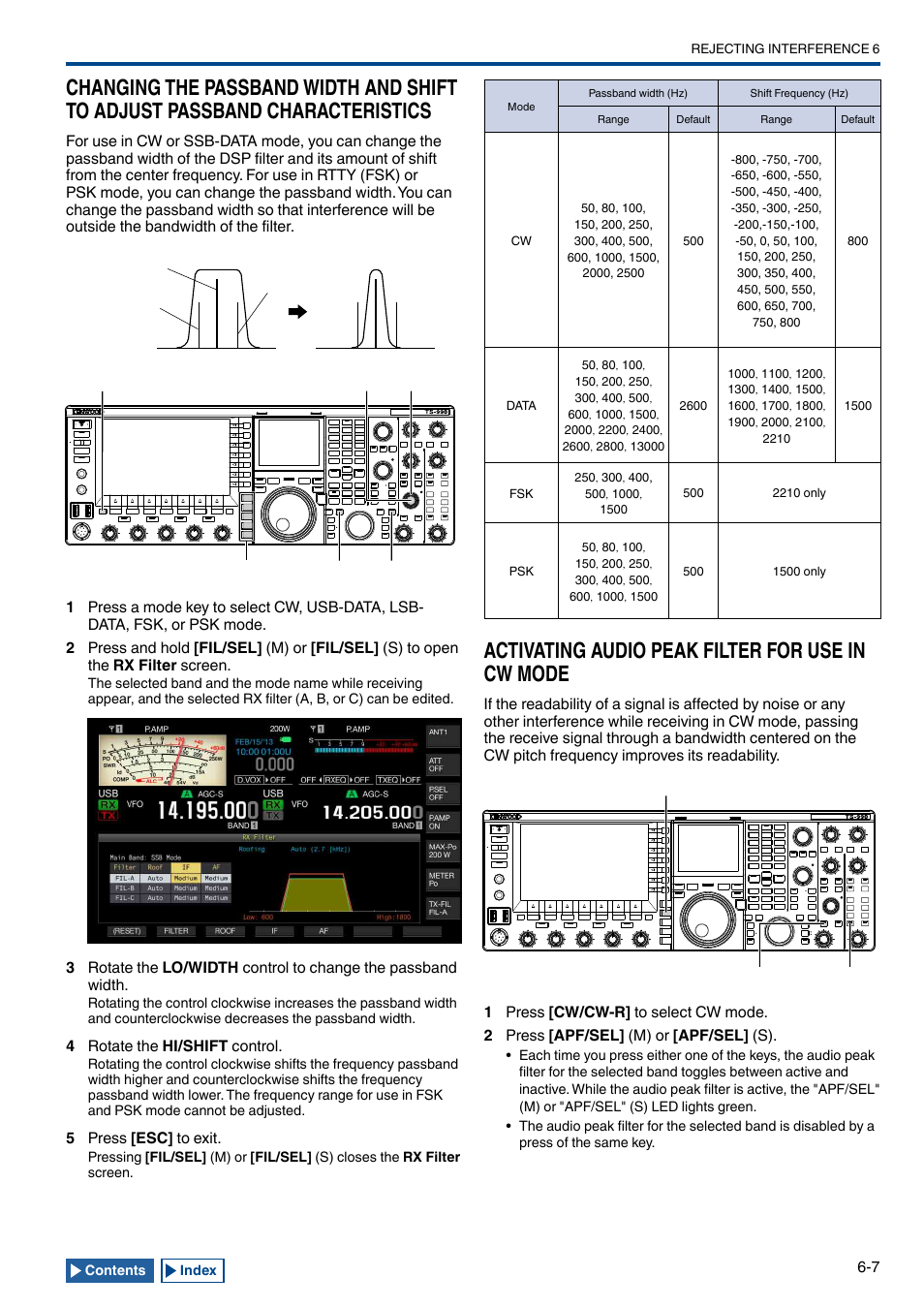 Activating audio peak filter for use in cw mode, Changing the passband width and shift to adjust, Passband characteristics -7 | Activating audio peak filter for use in cw mode -7 | Kenwood TS-990S User Manual | Page 145 / 290