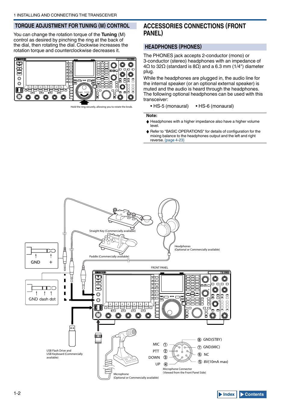 Torque adjustment for tuning (m) control, Accessories connections (front panel), Headphones (phones) | Torque adjustment for tuning (m) control -2, Accessories connections (front panel) -2, Headphones (phones) -2 | Kenwood TS-990S User Manual | Page 16 / 290