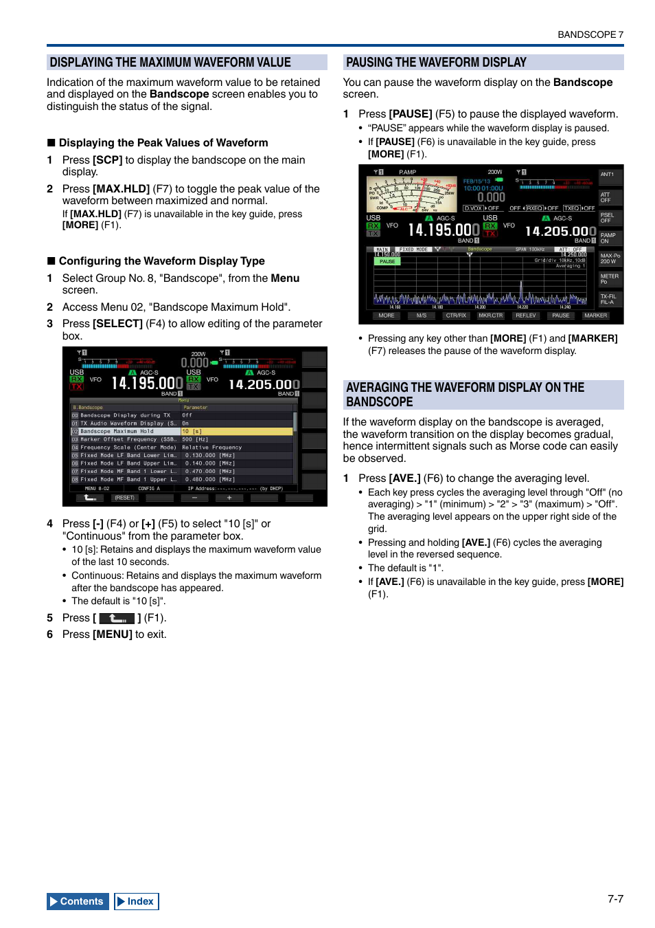 Displaying the maximum waveform value, Pausing the waveform display, Averaging the waveform display on the bandscope | Displaying the maximum waveform value -7, Pausing the waveform display -7, Averaging the waveform display on the bandscope -7 | Kenwood TS-990S User Manual | Page 161 / 290