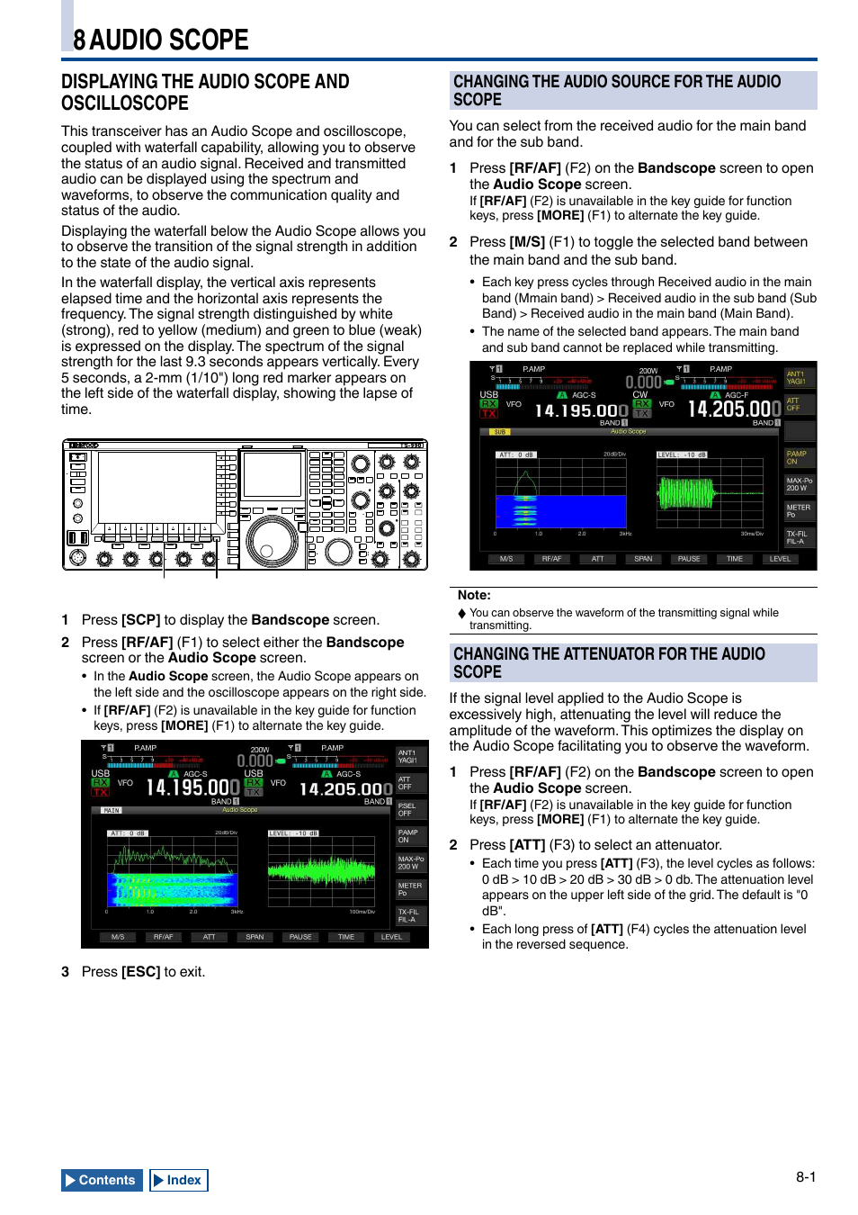 8 audio scope, Displaying the audio scope and oscilloscope, Changing the audio source for the audio scope | Changing the attenuator for the audio scope, Displaying the audio scope and oscilloscope -1, Changing the audio source for the audio scope -1, Changing the attenuator for the audio scope -1 | Kenwood TS-990S User Manual | Page 165 / 290