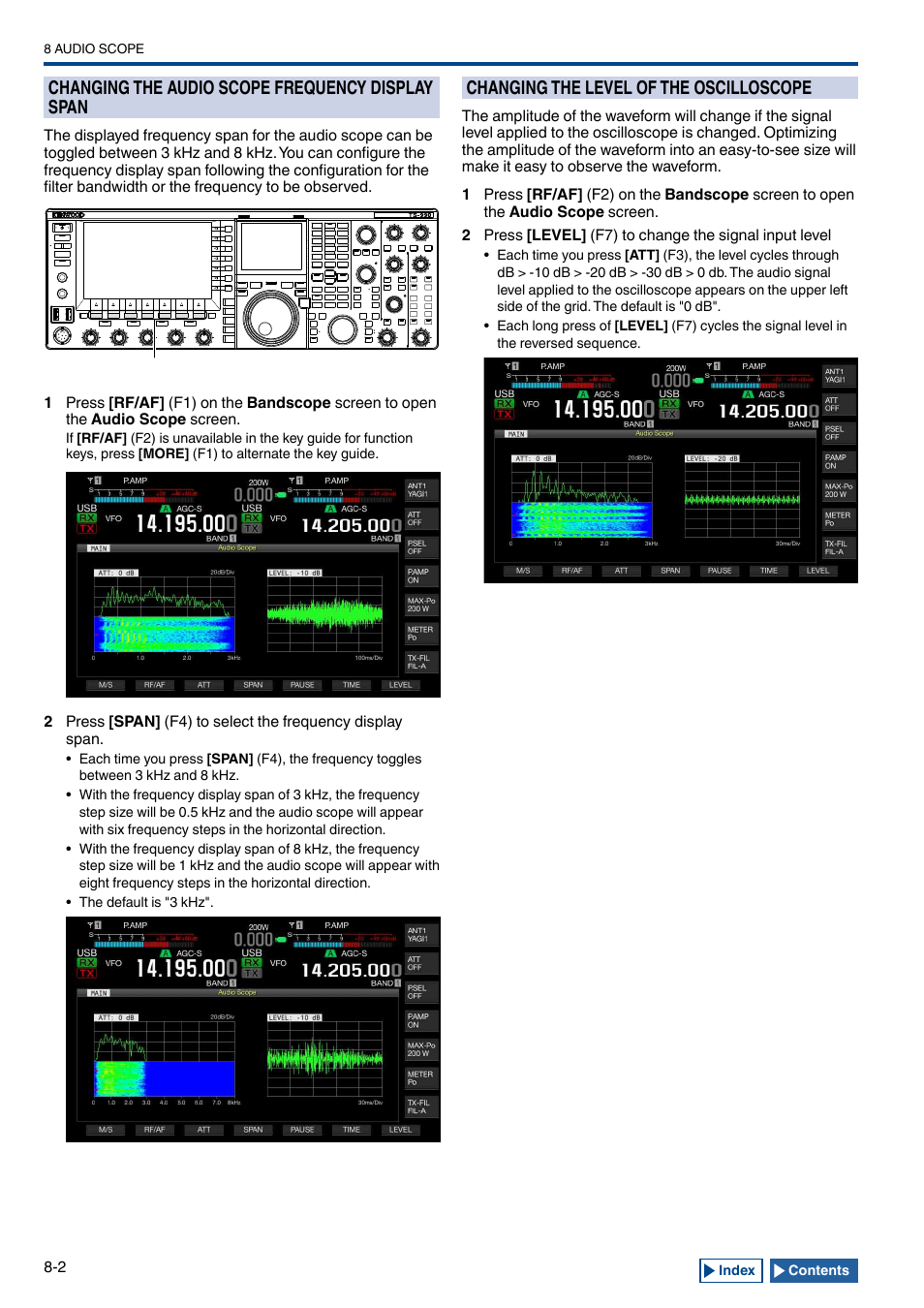 Changing the audio scope frequency display span, Changing the level of the oscilloscope, Changing the audio scope frequency display span -2 | Changing the level of the oscilloscope -2 | Kenwood TS-990S User Manual | Page 166 / 290