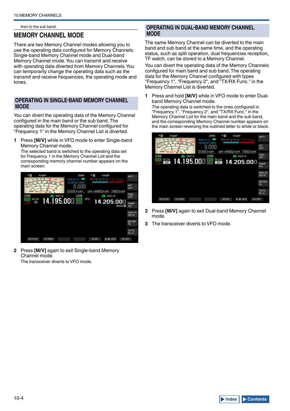 Memory channel mode, Operating in single-band memory channel mode, Operating in dual-band memory channel mode | Memory channel mode -4, Operating in single-band memory channel mode -4, Operating in dual-band memory channel mode -4 | Kenwood TS-990S User Manual | Page 186 / 290