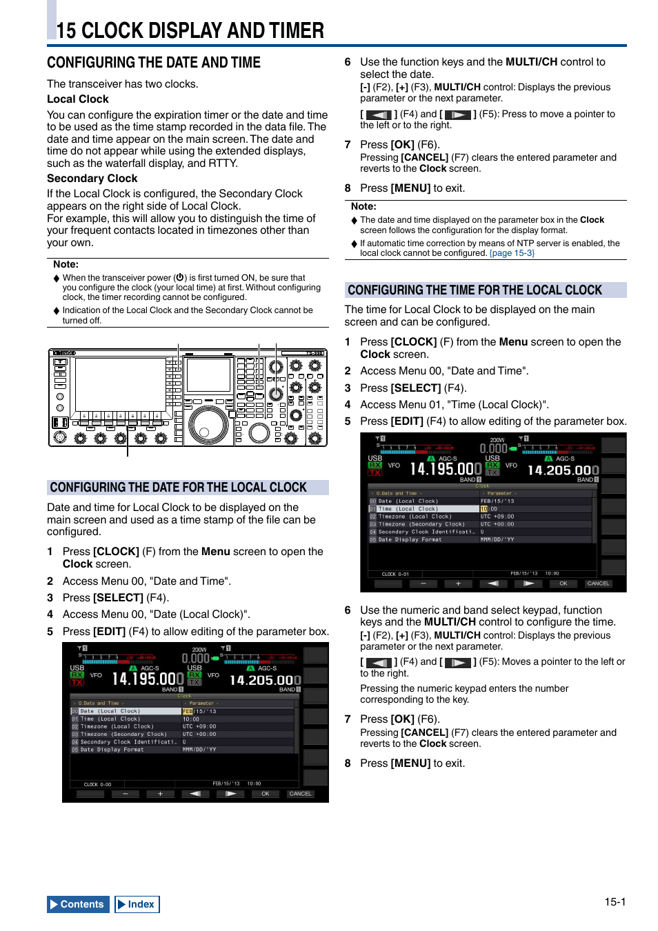 15 clock display and timer, Configuring the date and time, Configuring the date for the local clock | Configuring the time for the local clock, Configuring the date and time -1, Configuring the date for the local clock -1, Configuring the time for the local clock -1, Or the clock | Kenwood TS-990S User Manual | Page 225 / 290