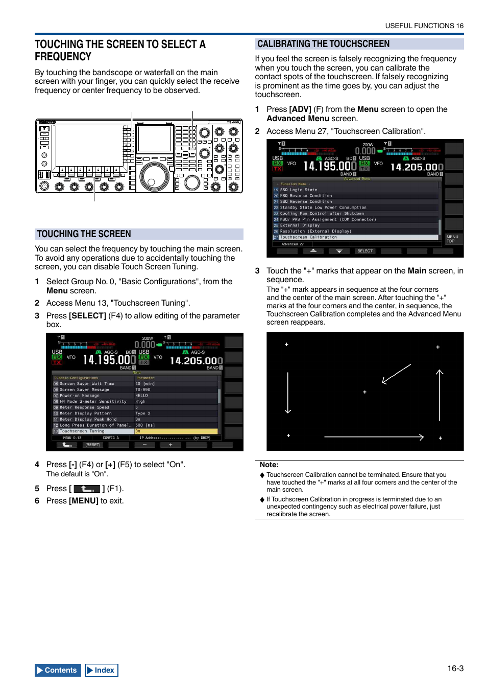 Touching the screen to select a frequency, Touching the screen, Calibrating the touchscreen | Touching the screen to select a frequency -3, Touching the screen -3, Calibrating the touchscreen -3 | Kenwood TS-990S User Manual | Page 235 / 290