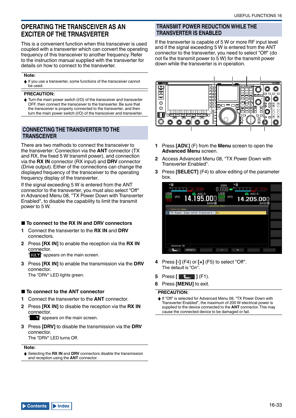 Connecting the transverter to the transceiver, Operating the transceiver as an exciter of the, Trnasverter -33 | Connecting the transverter to the transceiver -33, Transmit power reduction while the transverter is, Enabled -33 | Kenwood TS-990S User Manual | Page 265 / 290