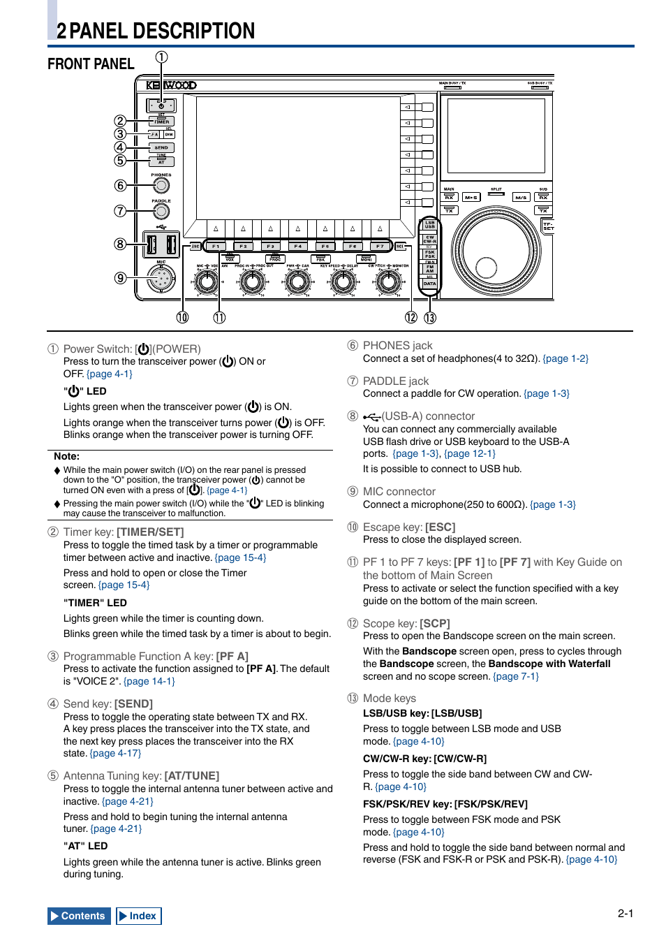 2 panel description, Front panel, Front panel -1 | Kenwood TS-990S User Manual | Page 27 / 290