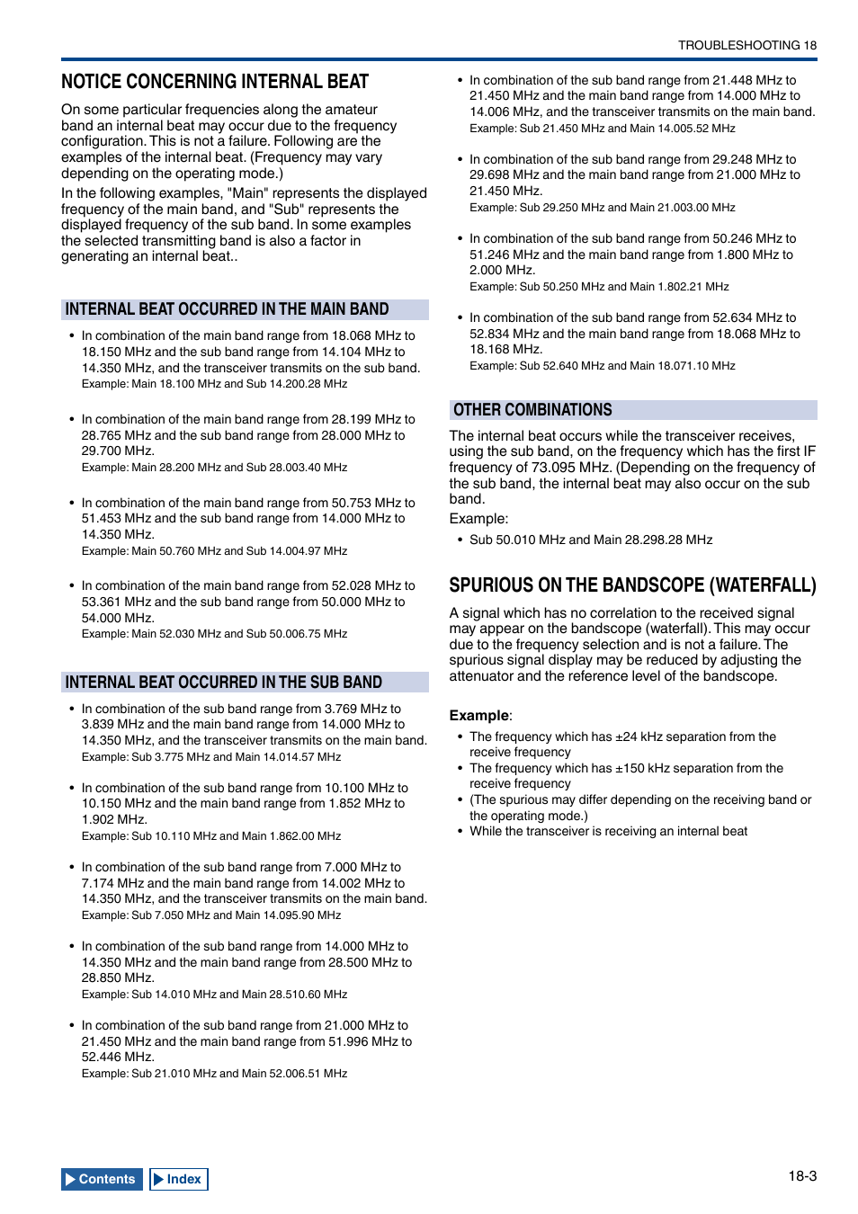 Notice concerning internal beat, Internal beat occurred in the main band, Internal beat occurred in the sub band | Other combinations, Spurious on the bandscope (waterfall), Notice concerning internal beat -3, Internal beat occurred in the main band -3, Internal beat occurred in the sub band -3, Other combinations -3, Spurious on the bandscope (waterfall) -3 | Kenwood TS-990S User Manual | Page 273 / 290