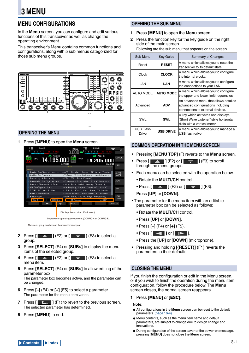 3 menu, Menu configurations, Opening the menu | Opening the sub menu, Common operation in the menu screen, Closing the menu, Menu configurations -1, Opening the menu -1, Opening the sub menu -1, Common operation in the menu screen -1 | Kenwood TS-990S User Manual | Page 43 / 290