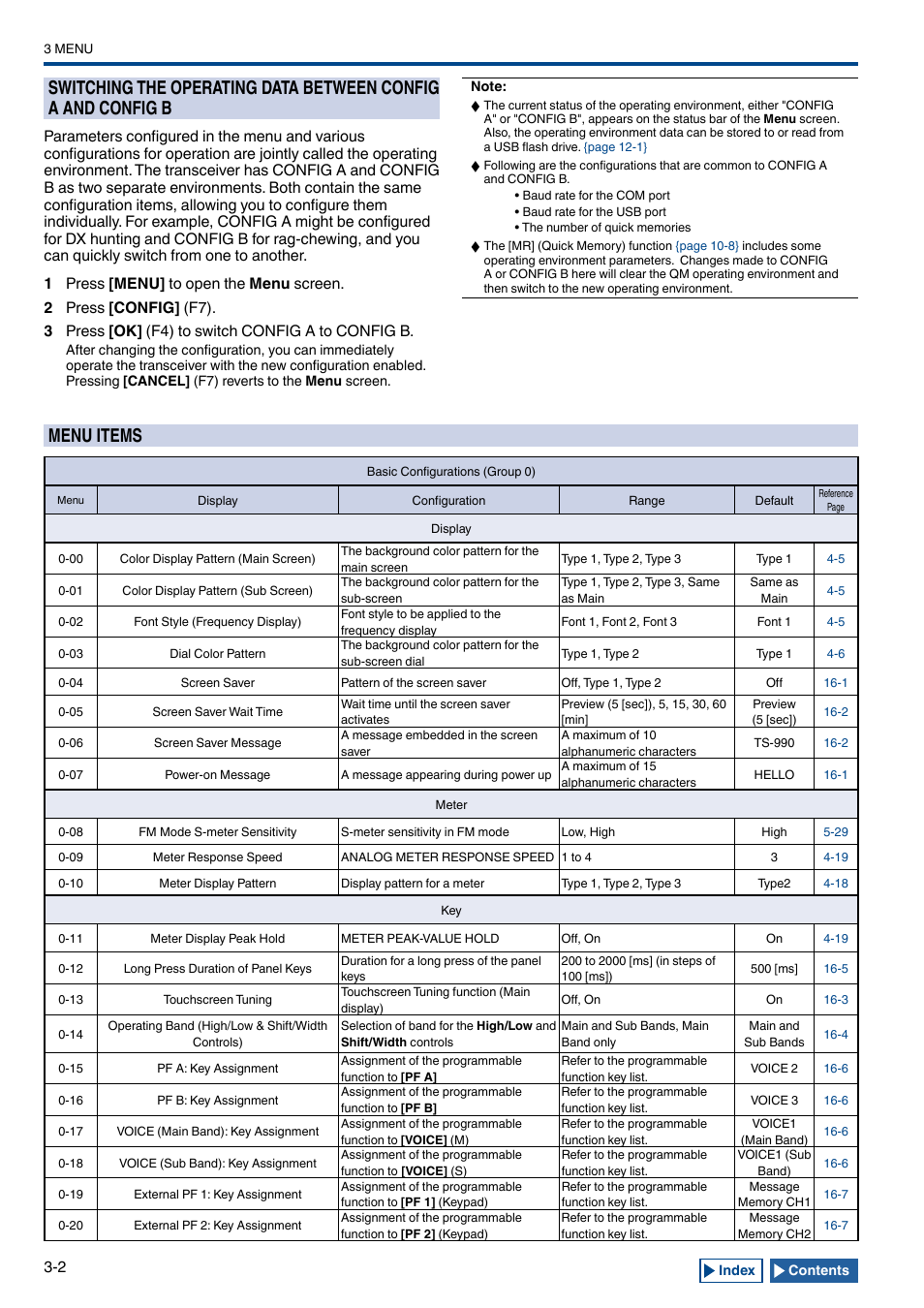 Menu items, Switching the operating data between config a and, Config b -2 | Menu items -2 | Kenwood TS-990S User Manual | Page 44 / 290