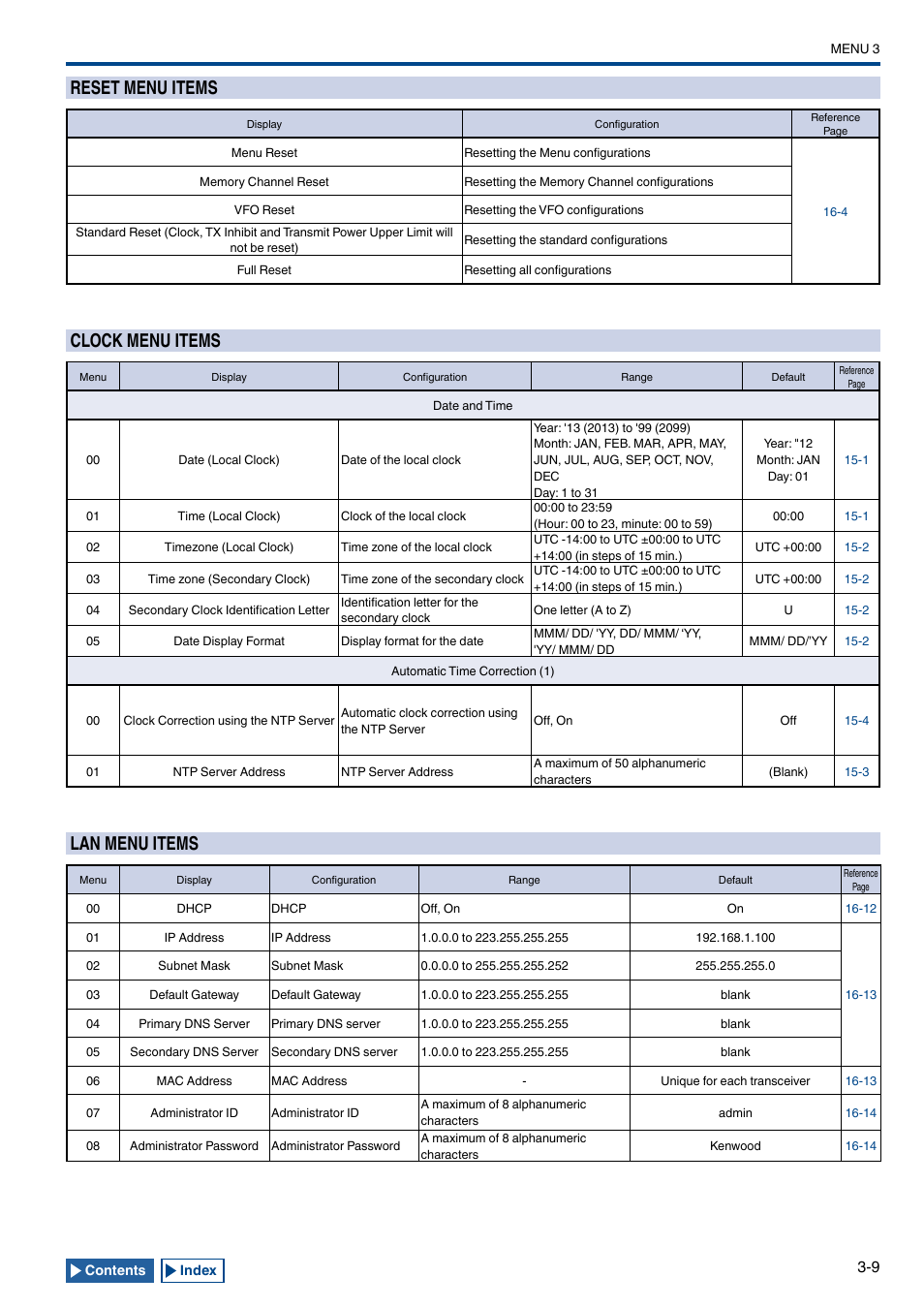 Reset menu items, Clock menu items, Lan menu items | Reset menu items -9, Clock menu items -9, Lan menu items -9 | Kenwood TS-990S User Manual | Page 51 / 290