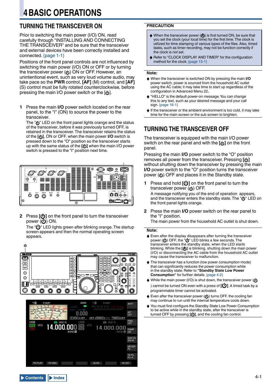 4 basic operations, Turning the transceiver on, Turning the transceiver off | Cing, Turning the transceiver on -1, Turning the transceiver off -1 | Kenwood TS-990S User Manual | Page 55 / 290