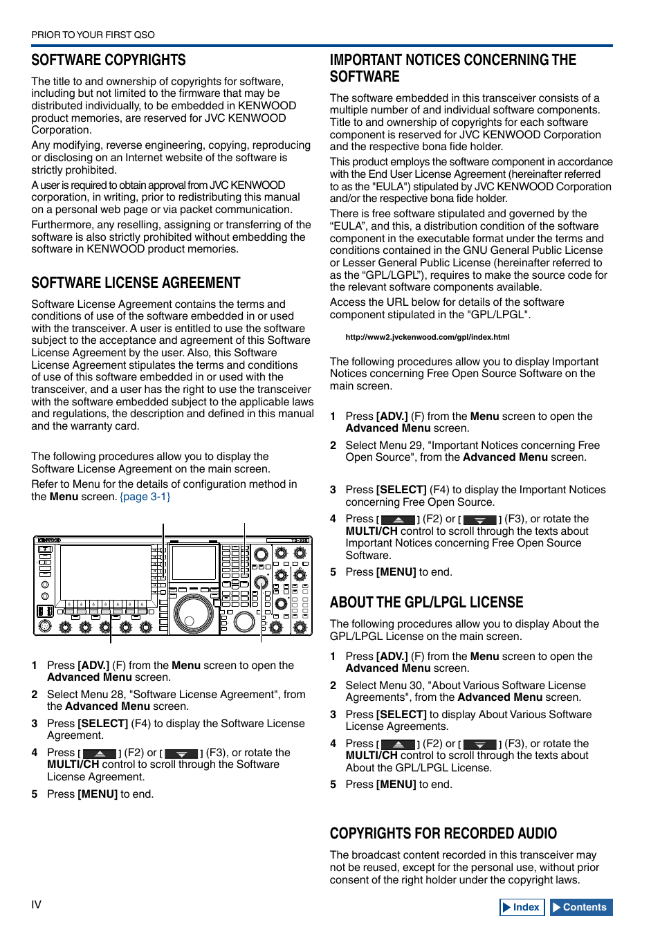 Software copyrights, Software license agreement, Important notices concerning the software | About the gpl/lpgl license, Copyrights for recorded audio | Kenwood TS-990S User Manual | Page 6 / 290