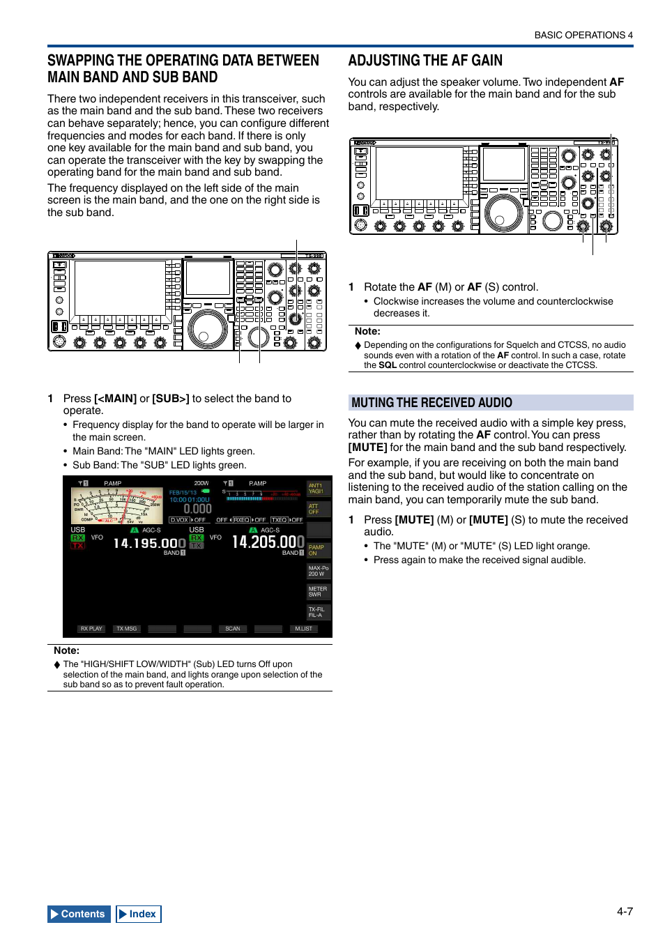 Adjusting the af gain, Muting the received audio, Swapping the operating data between main band and | Sub band -7, Adjusting the af gain -7, Muting the received audio -7, Een is open | Kenwood TS-990S User Manual | Page 61 / 290