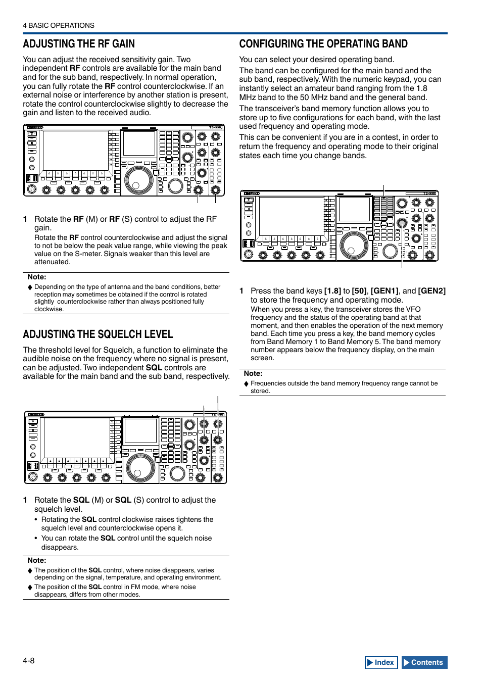 Adjusting the rf gain, Adjusting the squelch level, Configuring the operating band | Adjusting the rf gain -8, Adjusting the squelch level -8, Configuring the operating band -8, Band, Main band | Kenwood TS-990S User Manual | Page 62 / 290