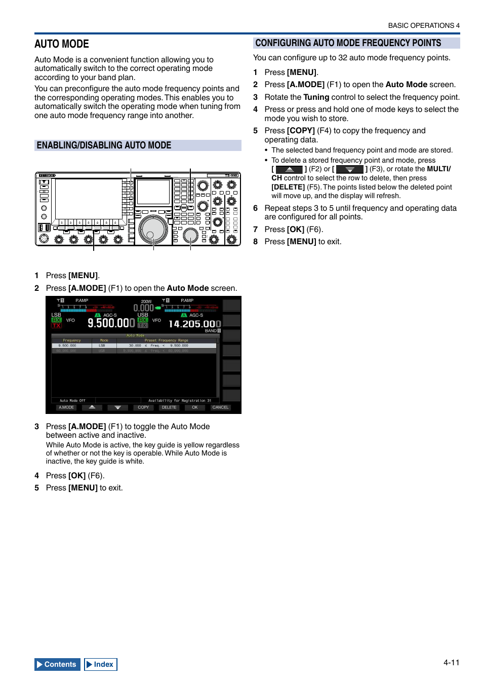 Auto mode, Enabling/disabling auto mode, Configuring auto mode frequency points | Auto mode -11, Enabling/disabling auto mode -11, Configuring auto mode frequency points -11 | Kenwood TS-990S User Manual | Page 65 / 290