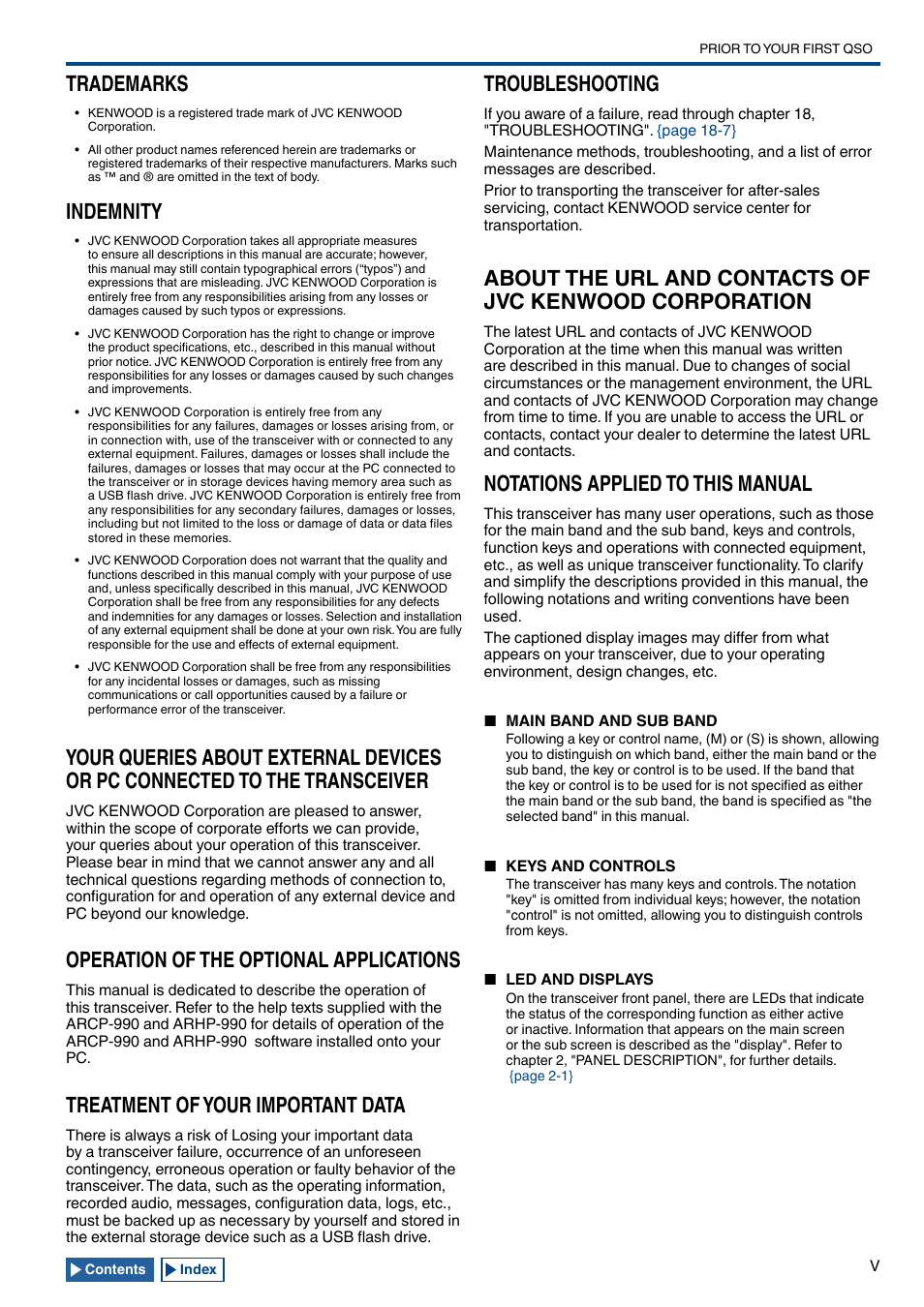 Trademarks, Indemnity, Operation of the optional applications | Treatment of your important data, Troubleshooting, Notations applied to this manual | Kenwood TS-990S User Manual | Page 7 / 290