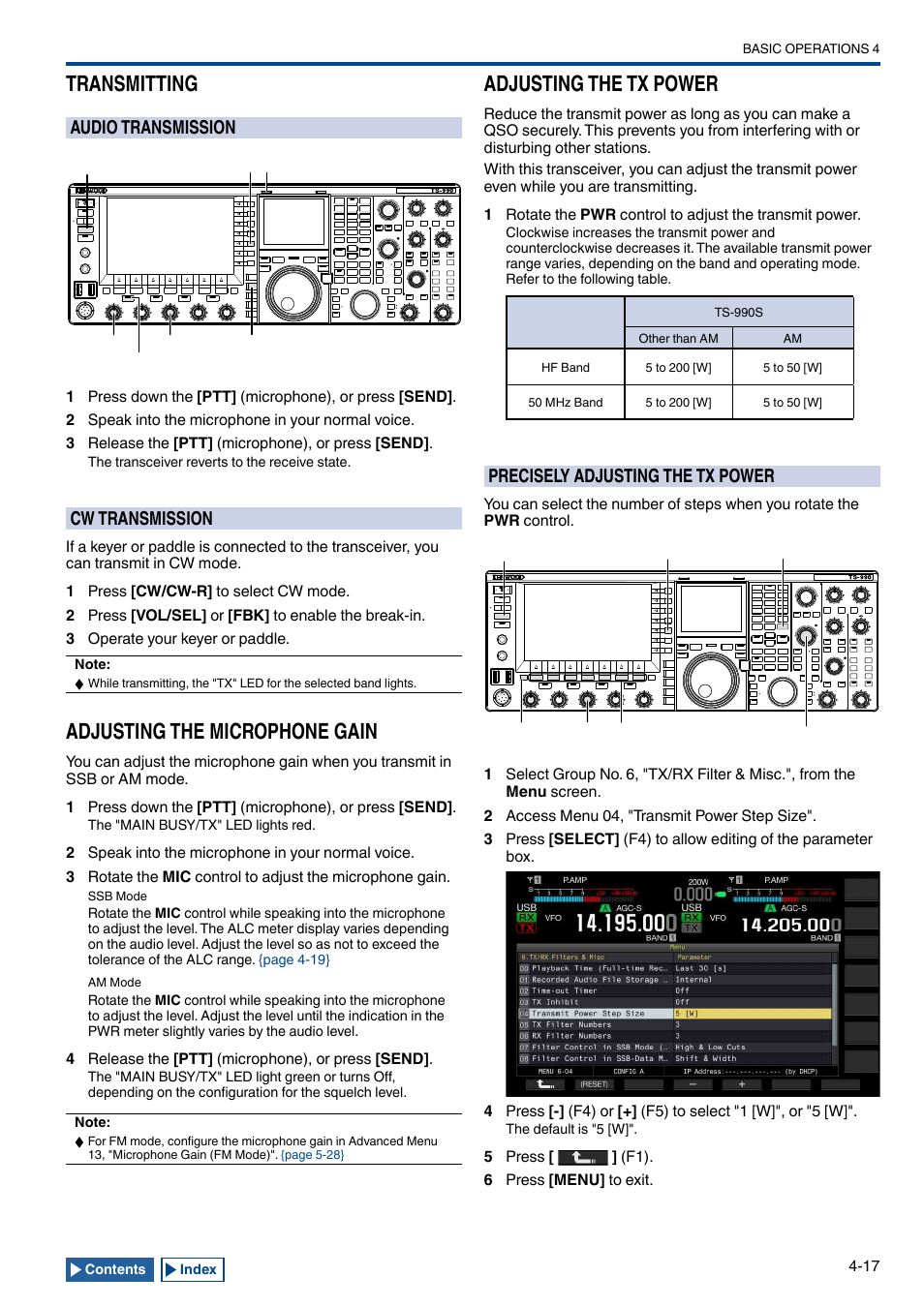 Transmitting, Audio transmission, Cw transmission | Adjusting the microphone gain, Adjusting the tx power, Precisely adjusting the tx power, Transmitting -17, Audio transmission -17, Cw transmission -17, Adjusting the microphone gain -17 | Kenwood TS-990S User Manual | Page 71 / 290