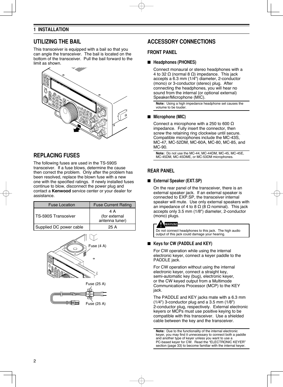 Utilizing the bail, Replacing fuses, Accessory connections | Kenwood TS-590S User Manual | Page 10 / 92