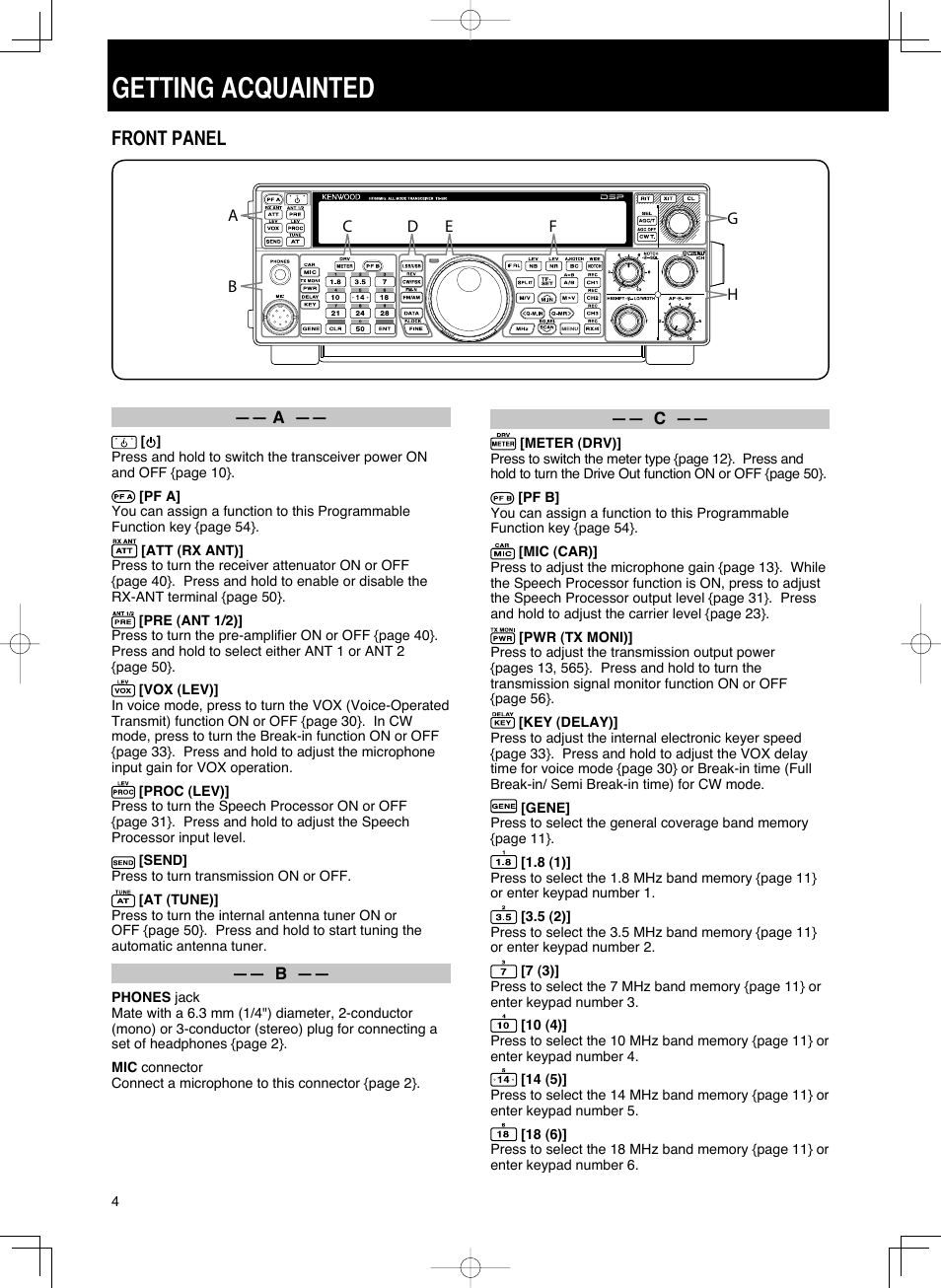 09 getting acquainted.indd.pdf, Getting acquainted, Front panel | Kenwood TS-590S User Manual | Page 12 / 92