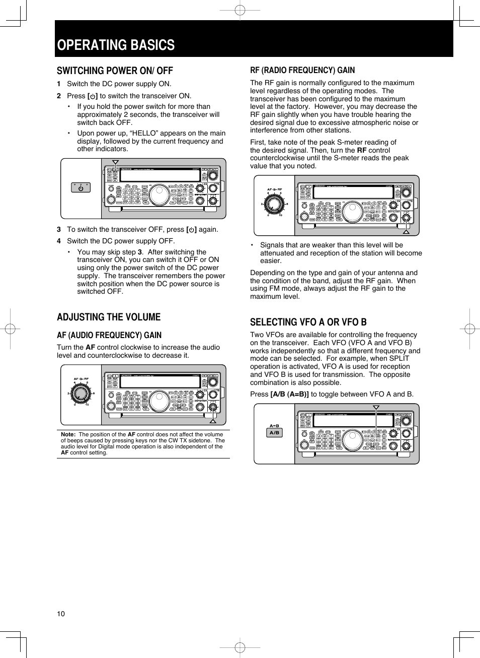 13 operating basics.indd.pdf, Operating basics, Switching power on/ off | Adjusting the volume, Selecting vfo a or vfo b | Kenwood TS-590S User Manual | Page 18 / 92