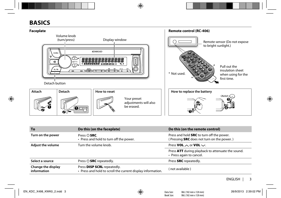 Basics | Kenwood KDC-X498 User Manual | Page 3 / 50