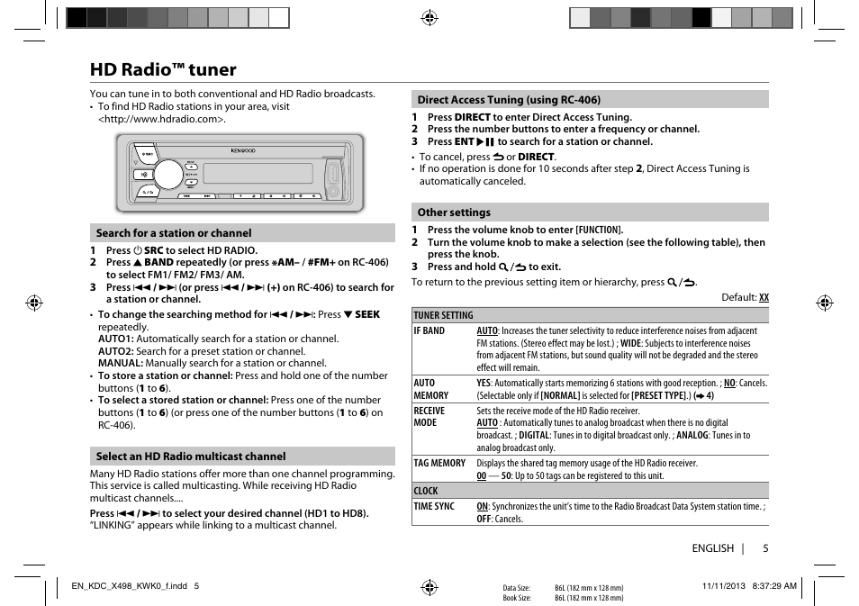 Hd radio™ tuner | Kenwood KDC-X498 User Manual | Page 5 / 50