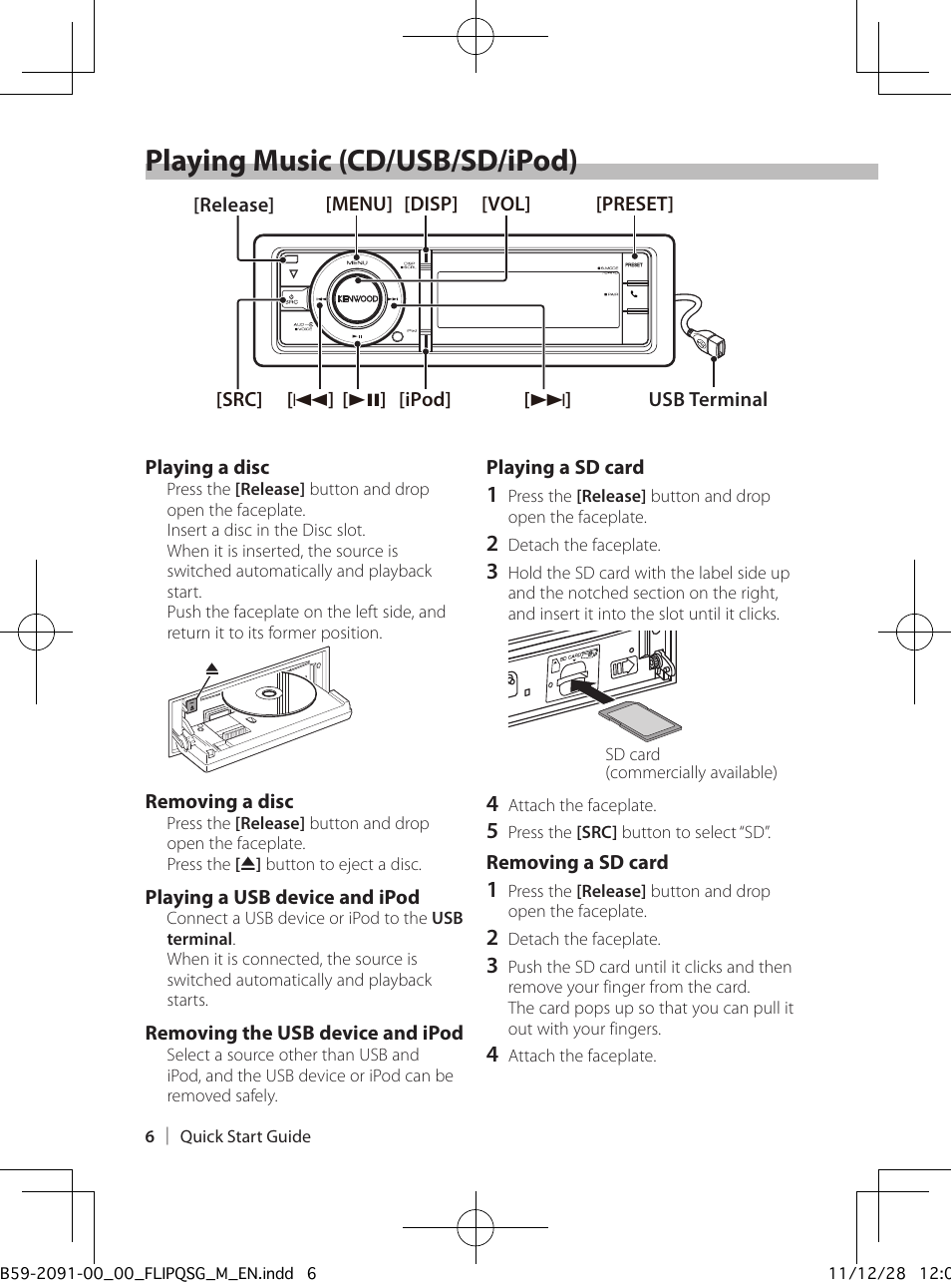 Playing music (cd/usb/sd/ipod) | Kenwood KDC-X8019BT User Manual | Page 6 / 20