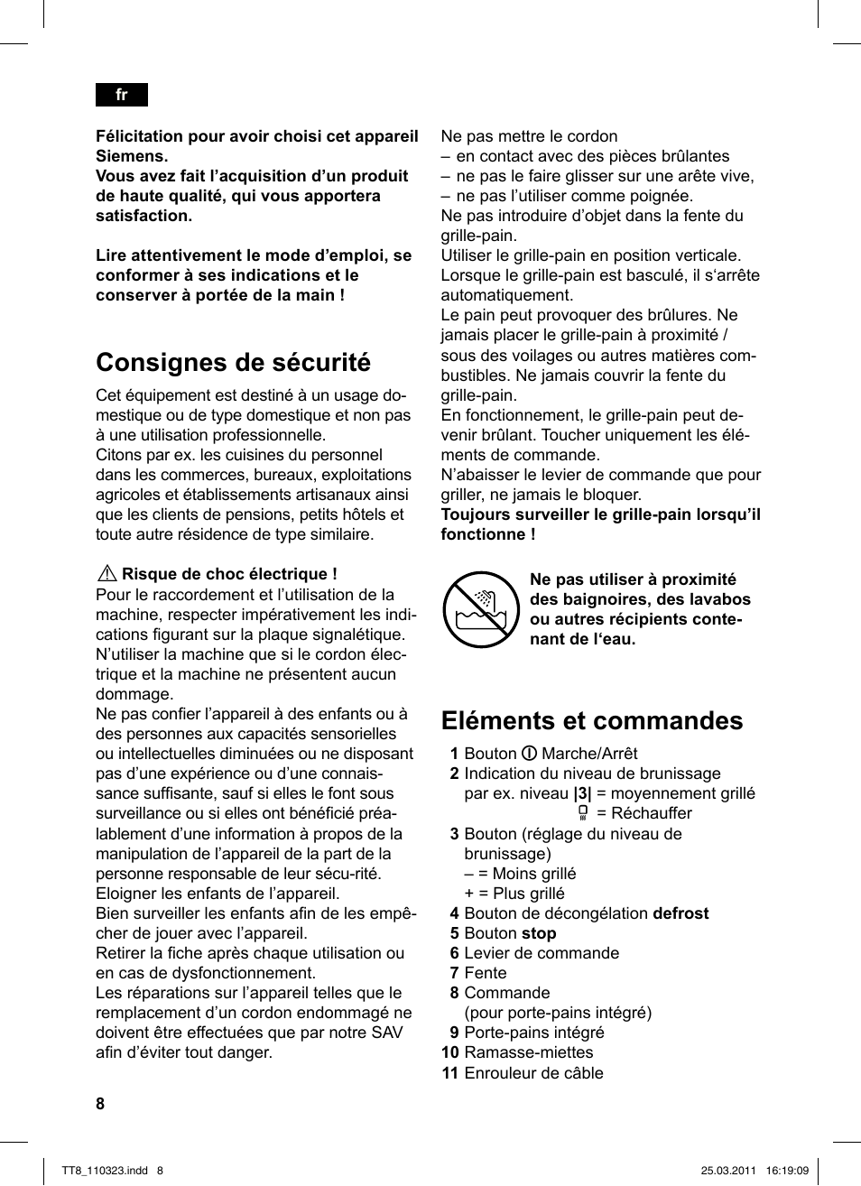 Consignes de sécurité, Eléments et commandes | Siemens TT86103 User Manual | Page 10 / 68