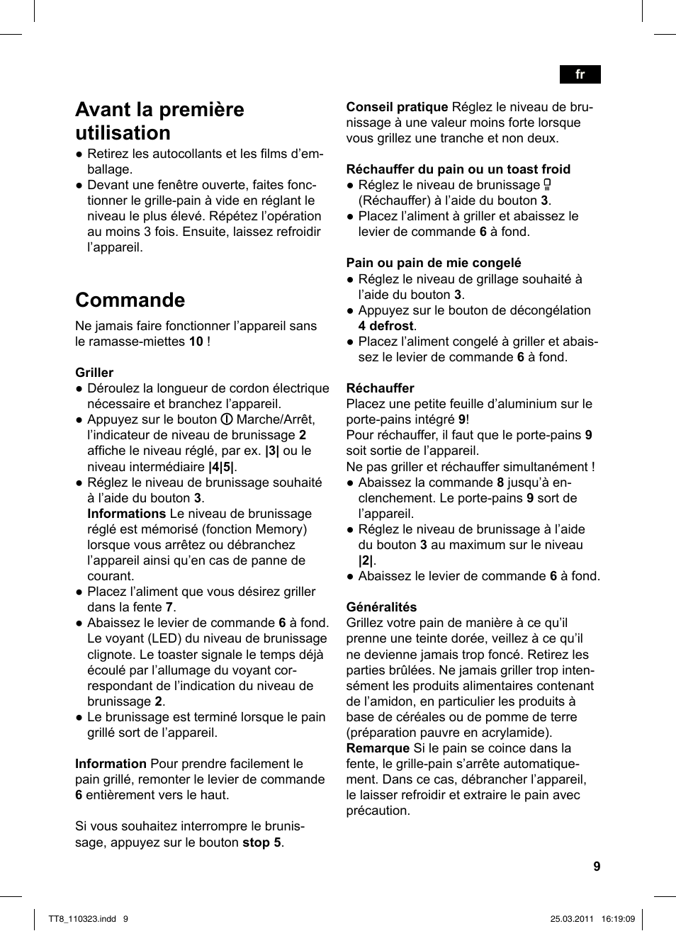 Avant la première utilisation, Commande | Siemens TT86103 User Manual | Page 11 / 68