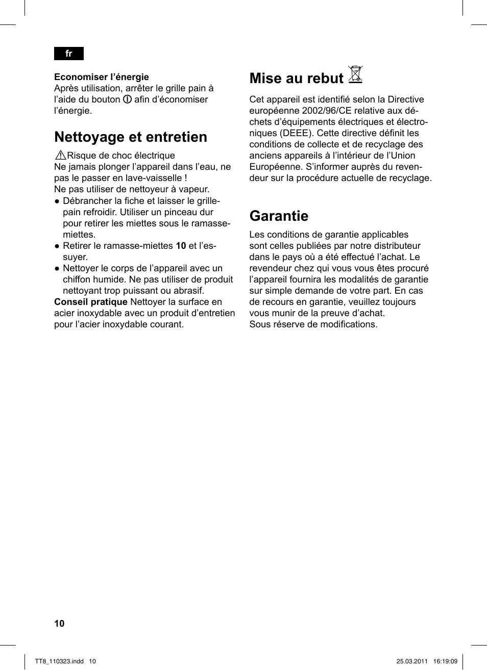 Nettoyage et entretien, Mise au rebut, Garantie | Siemens TT86103 User Manual | Page 12 / 68