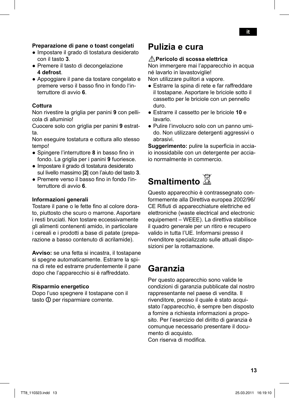 Pulizia e cura, Smaltimento, Garanzia | Siemens TT86103 User Manual | Page 15 / 68