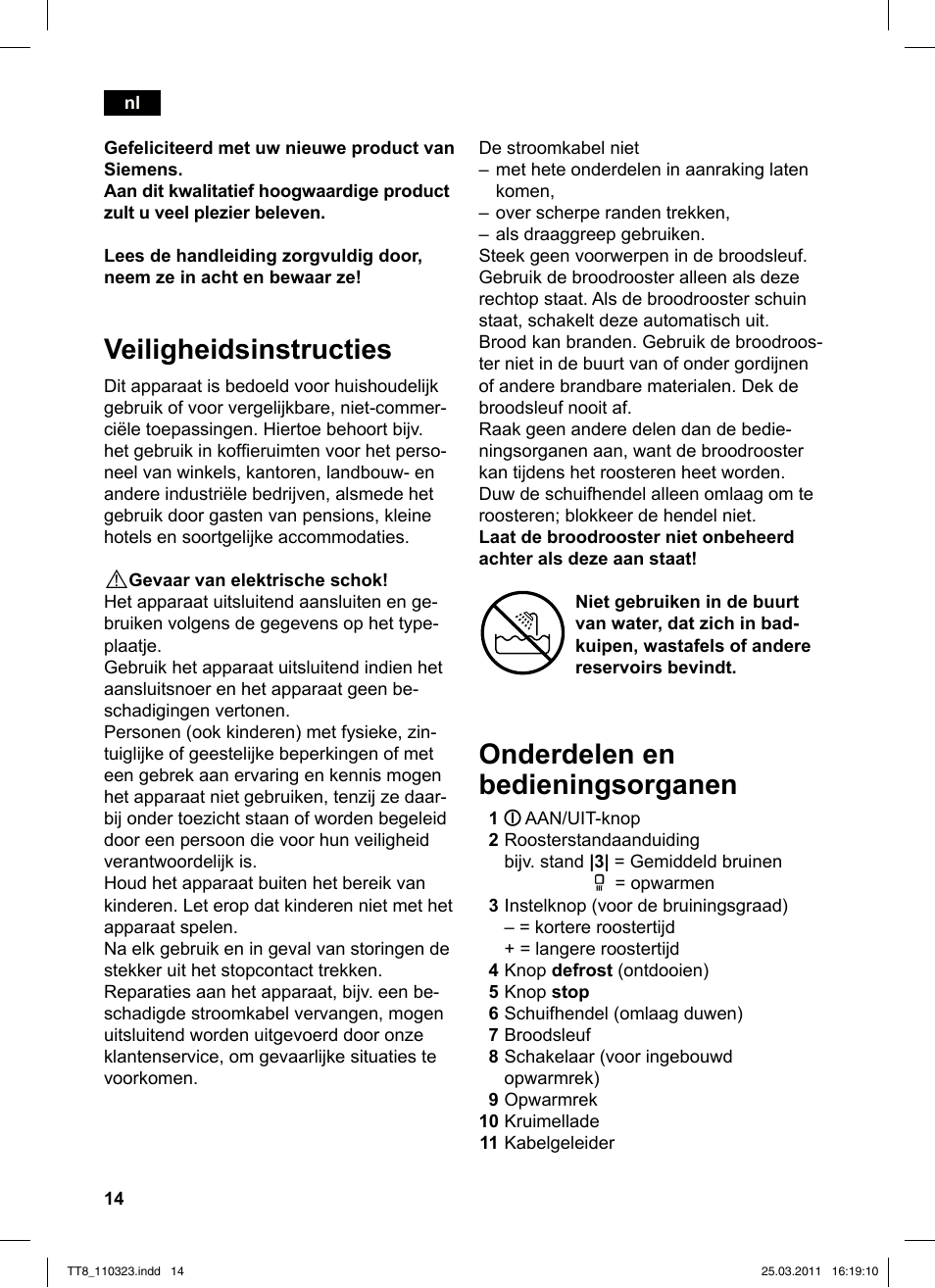 Veiligheidsinstructies, Onderdelen en bedieningsorganen | Siemens TT86103 User Manual | Page 16 / 68