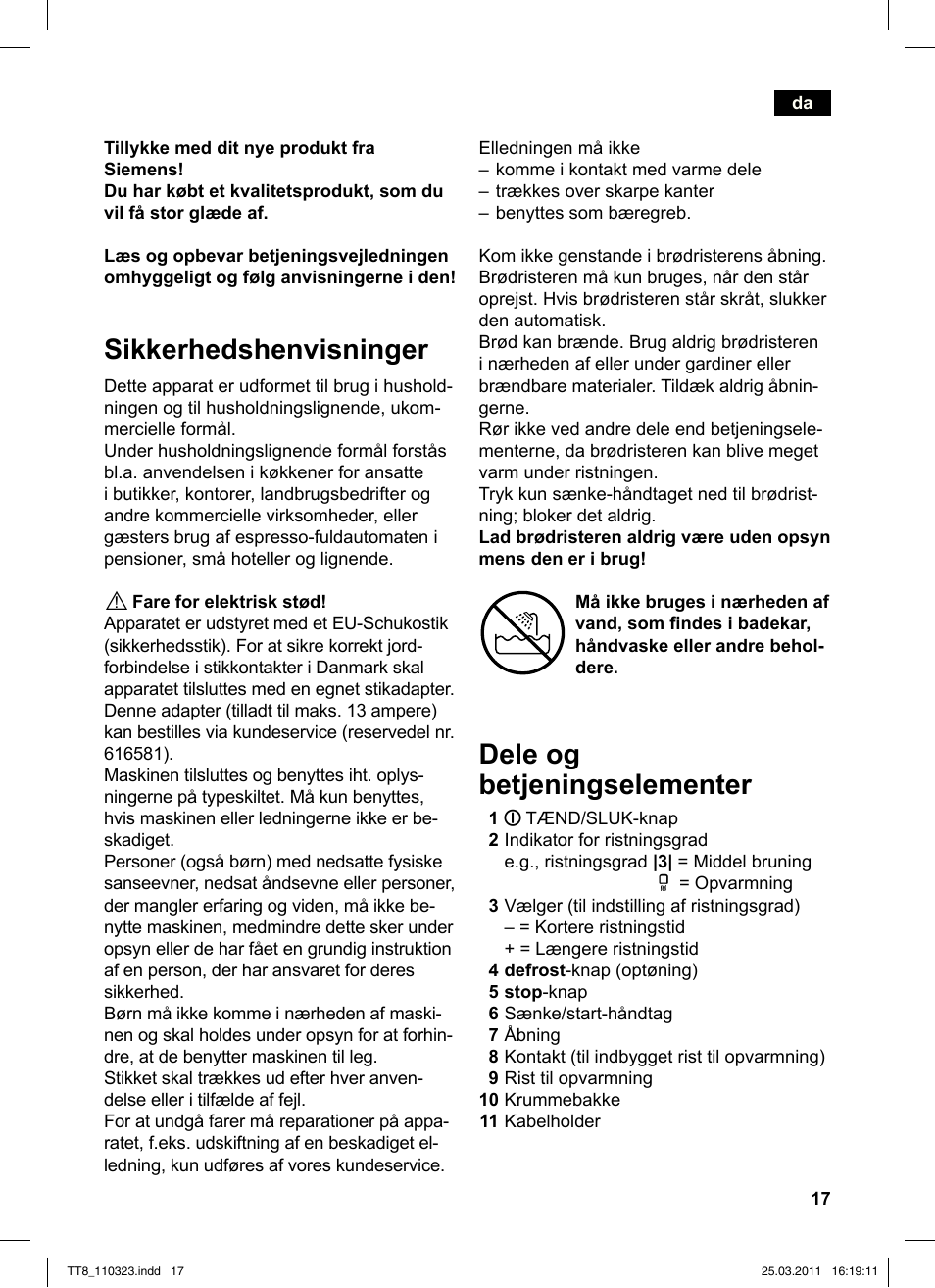 Sikkerhedshenvisninger, Dele og betjeningselementer | Siemens TT86103 User Manual | Page 19 / 68