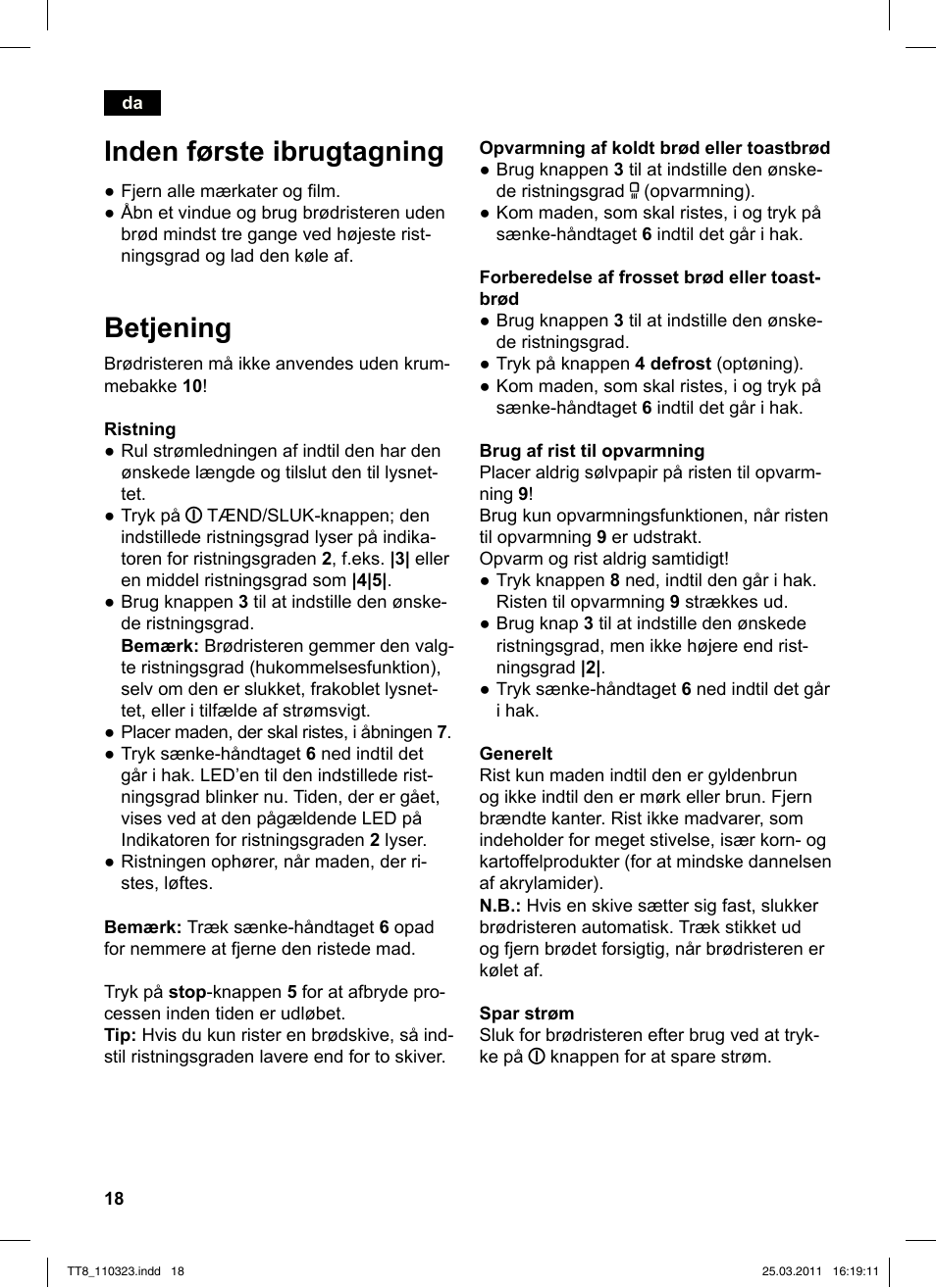 Inden første ibrugtagning, Betjening | Siemens TT86103 User Manual | Page 20 / 68