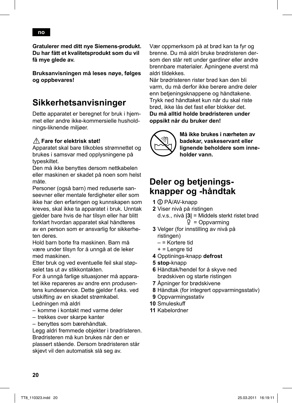 Deler og betjenings- knapper og -håndtak, Sikkerhetsanvisninger | Siemens TT86103 User Manual | Page 22 / 68