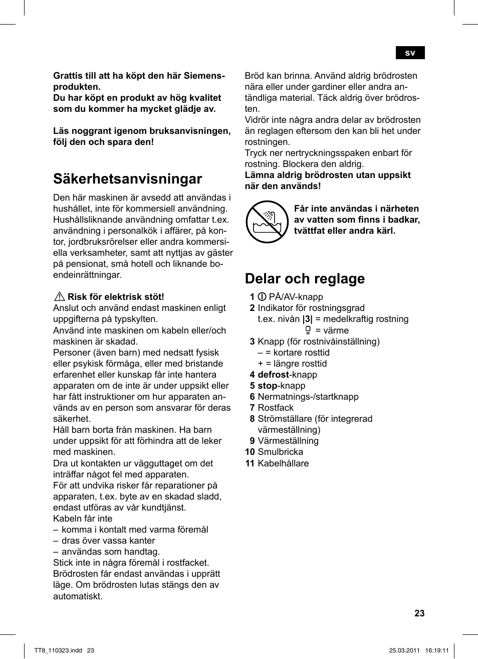 Säkerhetsanvisningar, Delar och reglage | Siemens TT86103 User Manual | Page 25 / 68