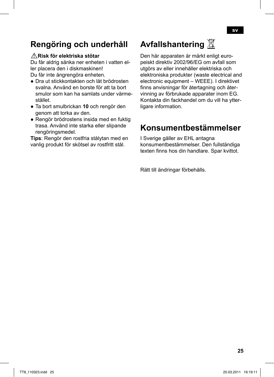 Rengöring och underhåll, Avfallshantering, Konsumentbestämmelser | Siemens TT86103 User Manual | Page 27 / 68