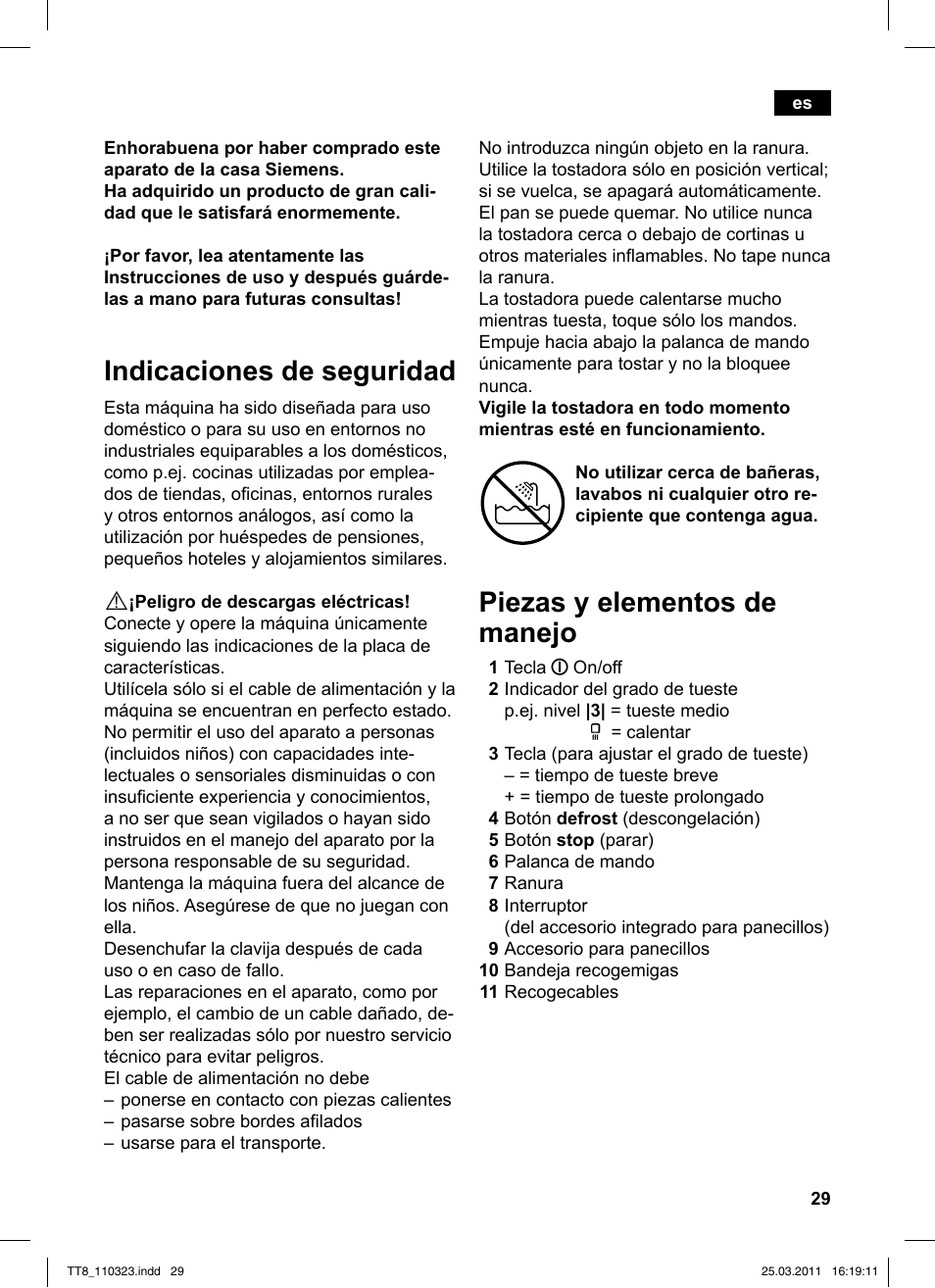 Indicaciones de seguridad, Piezas y elementos de manejo | Siemens TT86103 User Manual | Page 31 / 68
