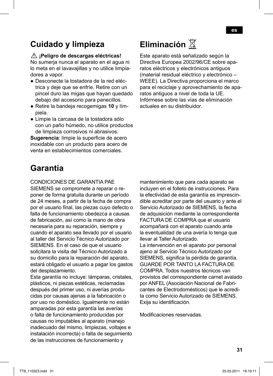 Eliminación, Cuidado y limpieza, Garantía | Siemens TT86103 User Manual | Page 33 / 68