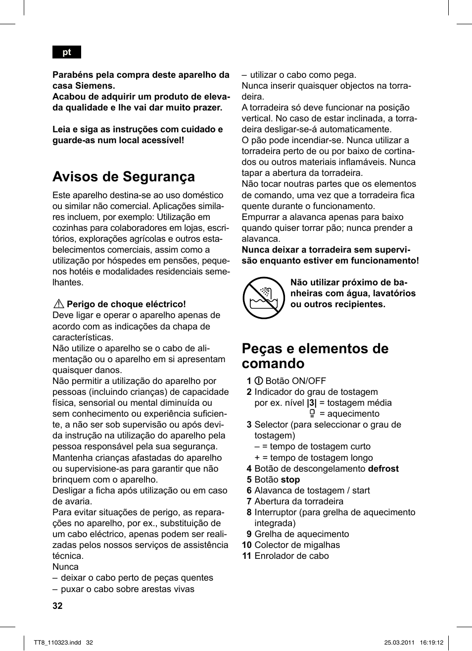 Avisos de segurança, Peças e elementos de comando | Siemens TT86103 User Manual | Page 34 / 68