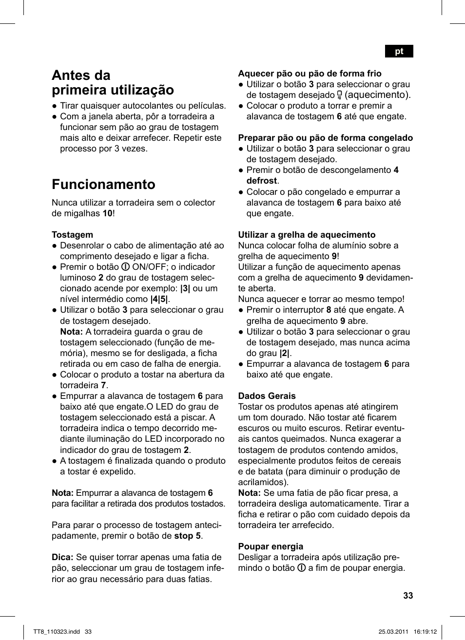 Antes da primeira utilização, Funcionamento | Siemens TT86103 User Manual | Page 35 / 68