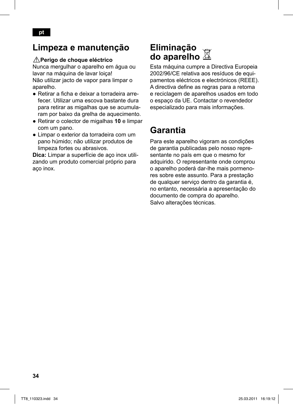 Eliminação do aparelho, Garantia, Limpeza e manutenção | Siemens TT86103 User Manual | Page 36 / 68