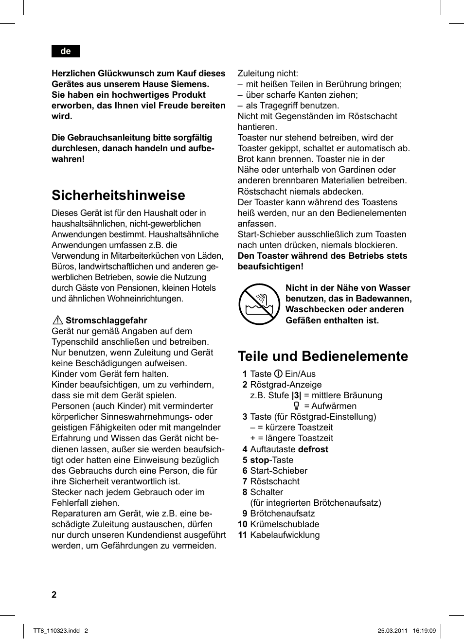 Sicherheitshinweise, Teile und bedienelemente | Siemens TT86103 User Manual | Page 4 / 68